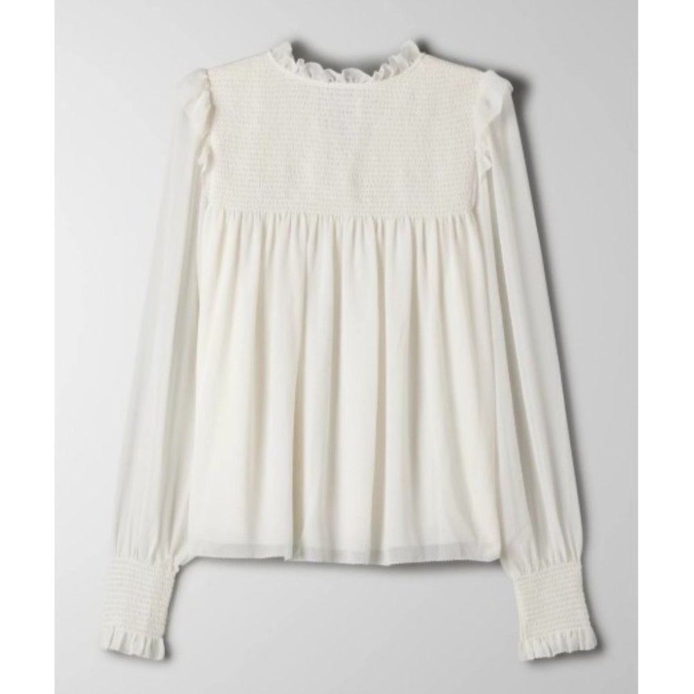 ARITZIA WILFRED CREAM SMOCKED LACE-UP RUFFLE BLOUSE M NWT - Picture 3 of 15